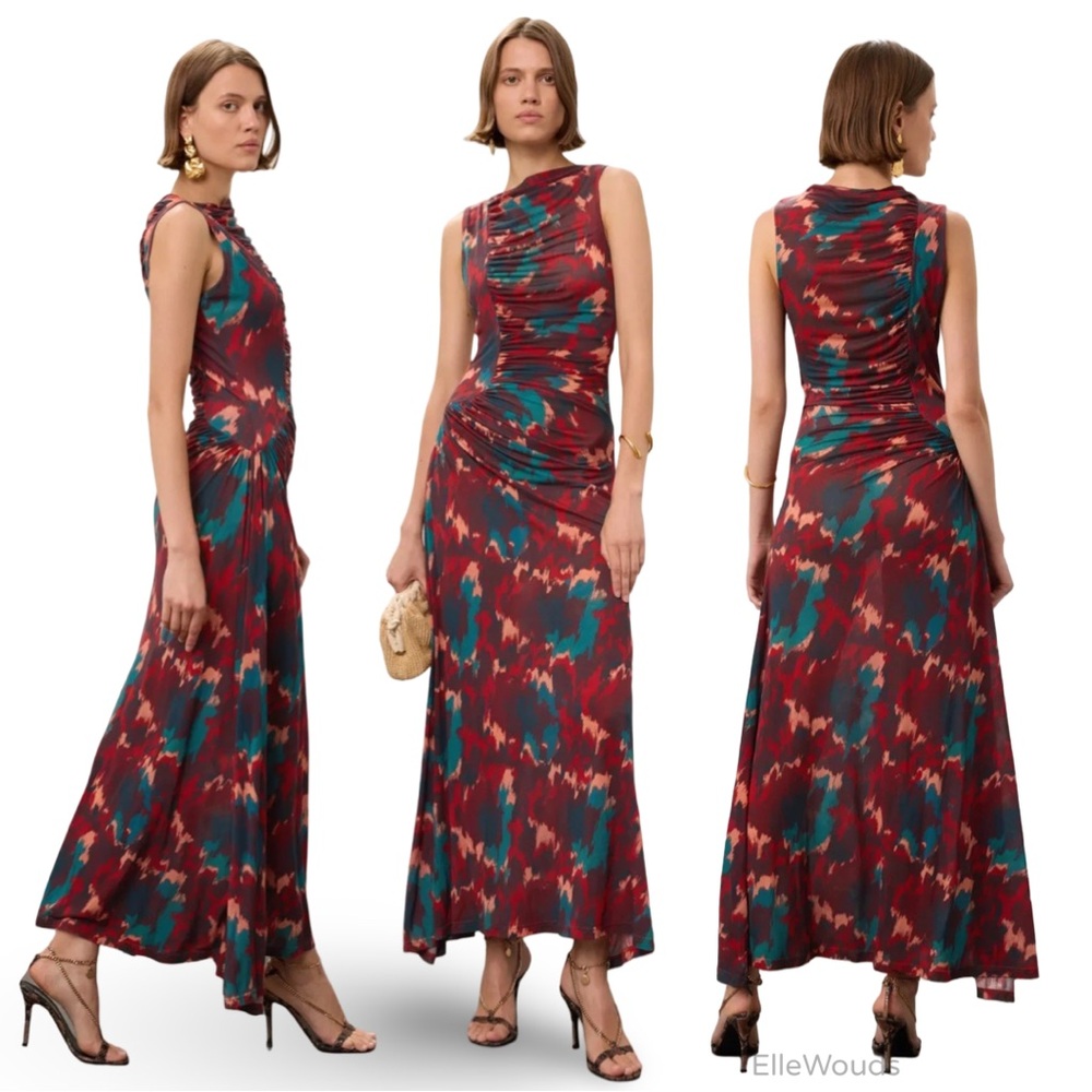 Ulla Johnson Livia Ruched Floral Midi Dress $520 Retail US Size XL